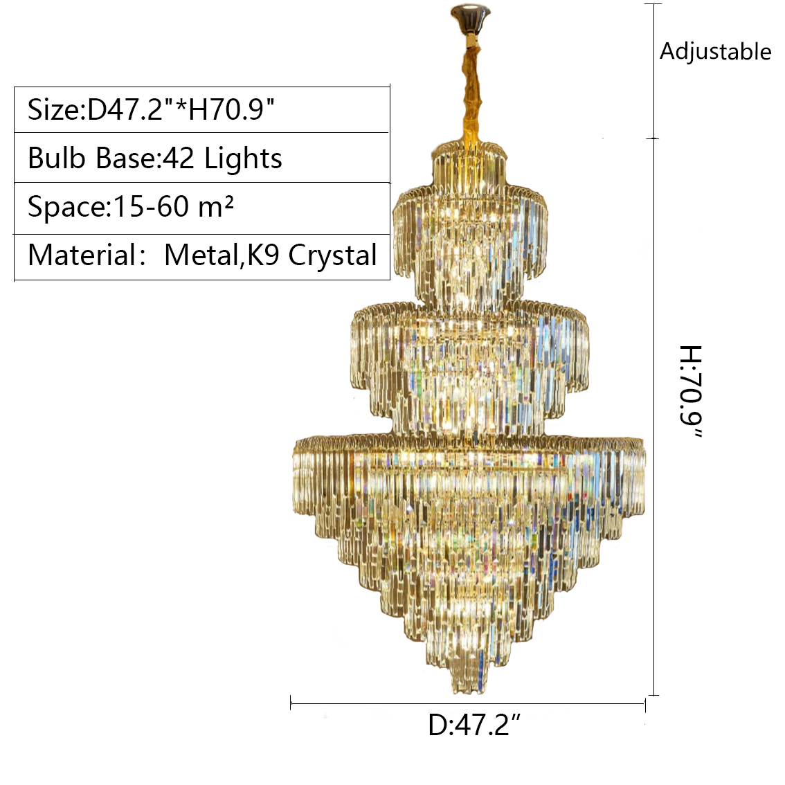 3 Layers Extra Large Living Room Chandelier Luxury Foyer Entryway Crystal Light Fixture Chandeliers Kevinstudiolives D47.2"*H70.9"/ 42 Lights Warm Light 