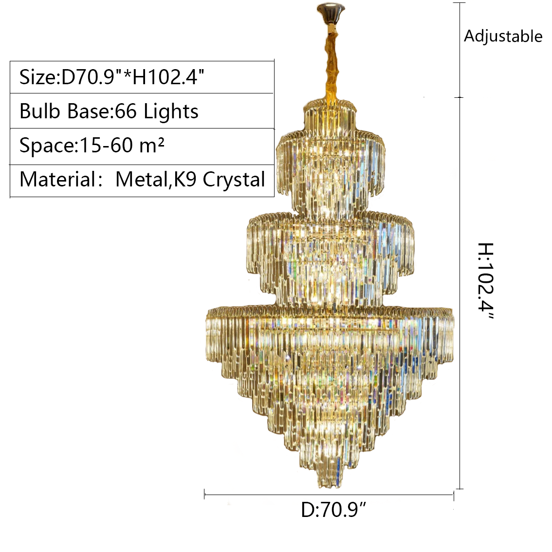 3 Layers Extra Large Living Room Chandelier Luxury Foyer Entryway Crystal Light Fixture Chandeliers Kevinstudiolives D70.9"*H102.4"/ 66 Lights Warm Light 