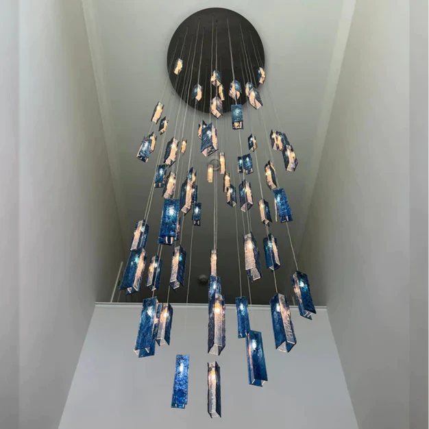 Art Design 1/25/60/84-Light Colorful Rectangle Cluster Glass Tile Pendant/Chandelier Chandeliers Kevinstudiolives 1 Light / Round Base / W5"*H180" Blue Warm Light