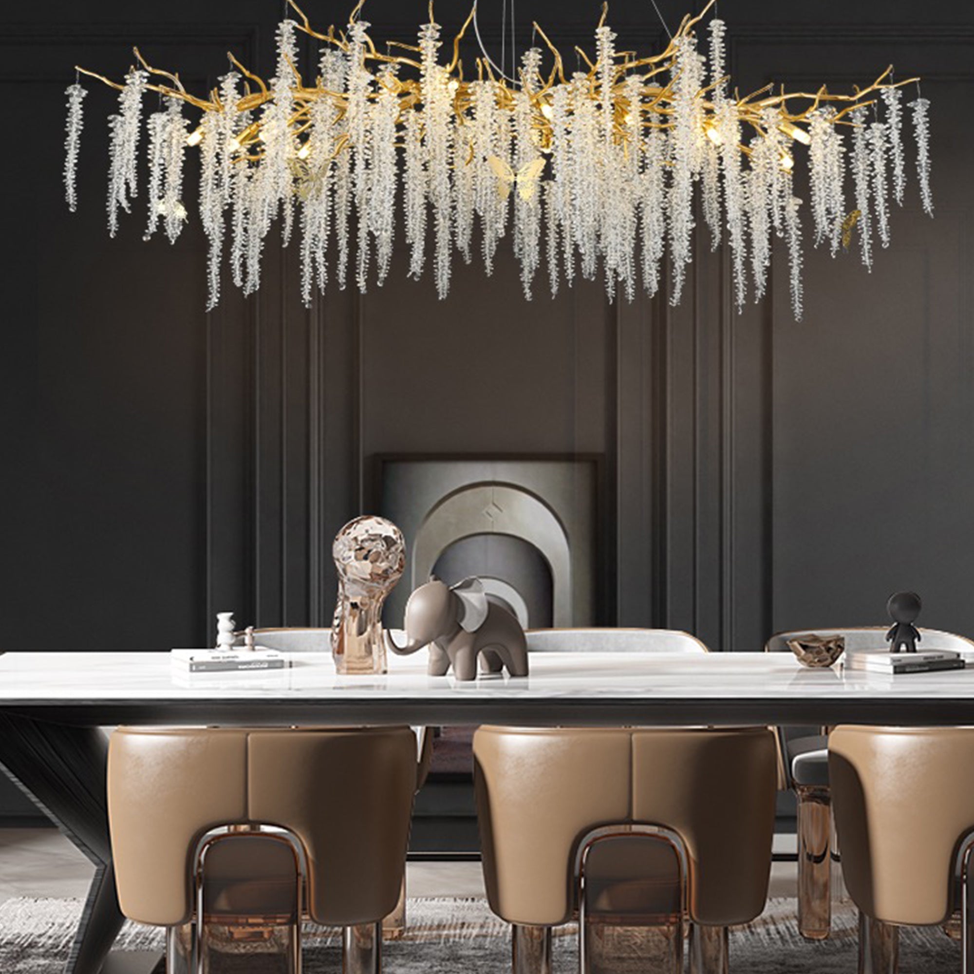 Azure Modern Gold Coin Crystal Linear Branch Chandelier Over Dining Table Branch Chandelier Kevin Studio Inc   
