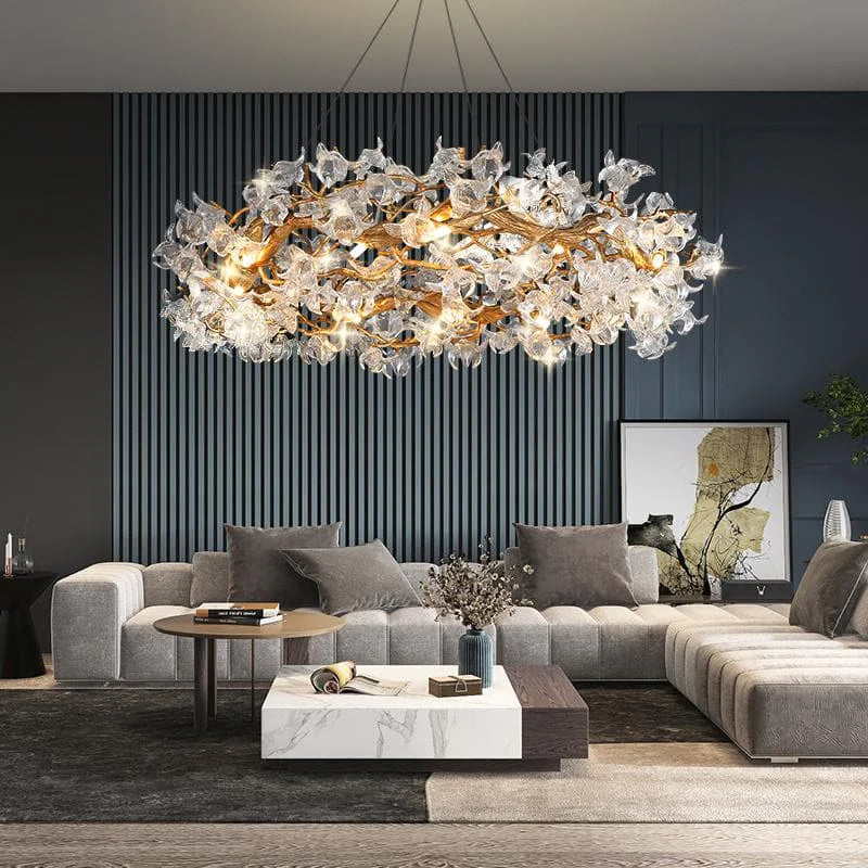 Connie Modern Petal Crystal Round Brass Branch Chandelier For Living Room Branch Chandelier Kevin Studio Inc 47" W X 18" H  