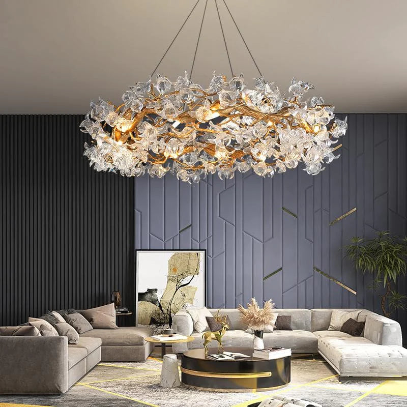 Connie Modern Petal Crystal Round Brass Branch Chandelier For Living Room Branch Chandelier Kevin Studio Inc 24" W X 14" H  